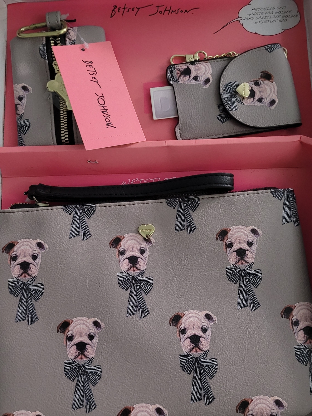 Betsey Johnson Gray Bulldog Print Wristlet Trio with Gold Heart Accents NWT